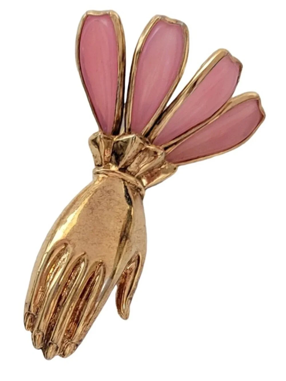 Trifari Gold-Tone Pink Poured Glass Hand Brooch, Philippe, N84